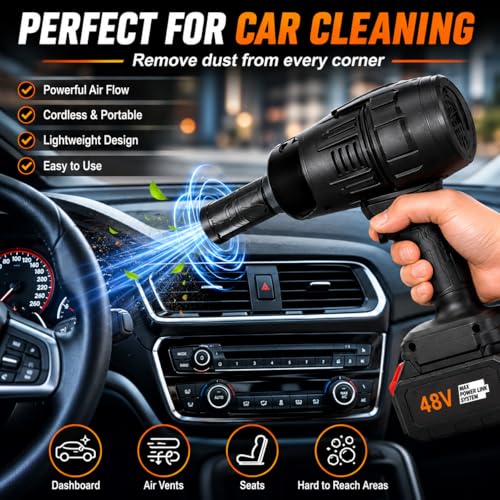 Image of 48V Cordless Air Duster Blower with 2 Lithium-Ion Batteries | High-Power Handheld Dust Cleaner for Computer, Car & Home | Portable Electric Blower with Strong Airflow & Rechargeable Battery Pack (S5)