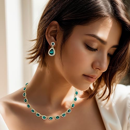 Crysdue Wedding Jewelry Set for Women Brides Oval Rhinestone Crystal Collar Necklace Link Bracelet Teardrop Pierced Dangle Earrings for Prom Party3