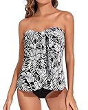 Tempt Me Black White Floral Two Piece Tankini Bathing Suits for Women Halter Bandeau Swim Top with Bottom Flyaway Tummy Control Swimsuit M