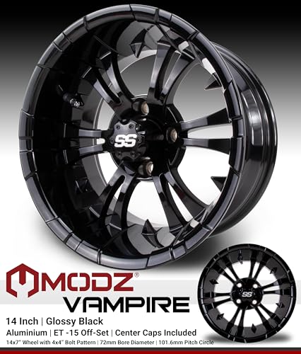 MODZ® Vampire Glossy Black 14" Golf Cart Wheels and Arisun Cruze (205/30-14) Low Profile DOT Golf Cart Tires Combo - Set of 4