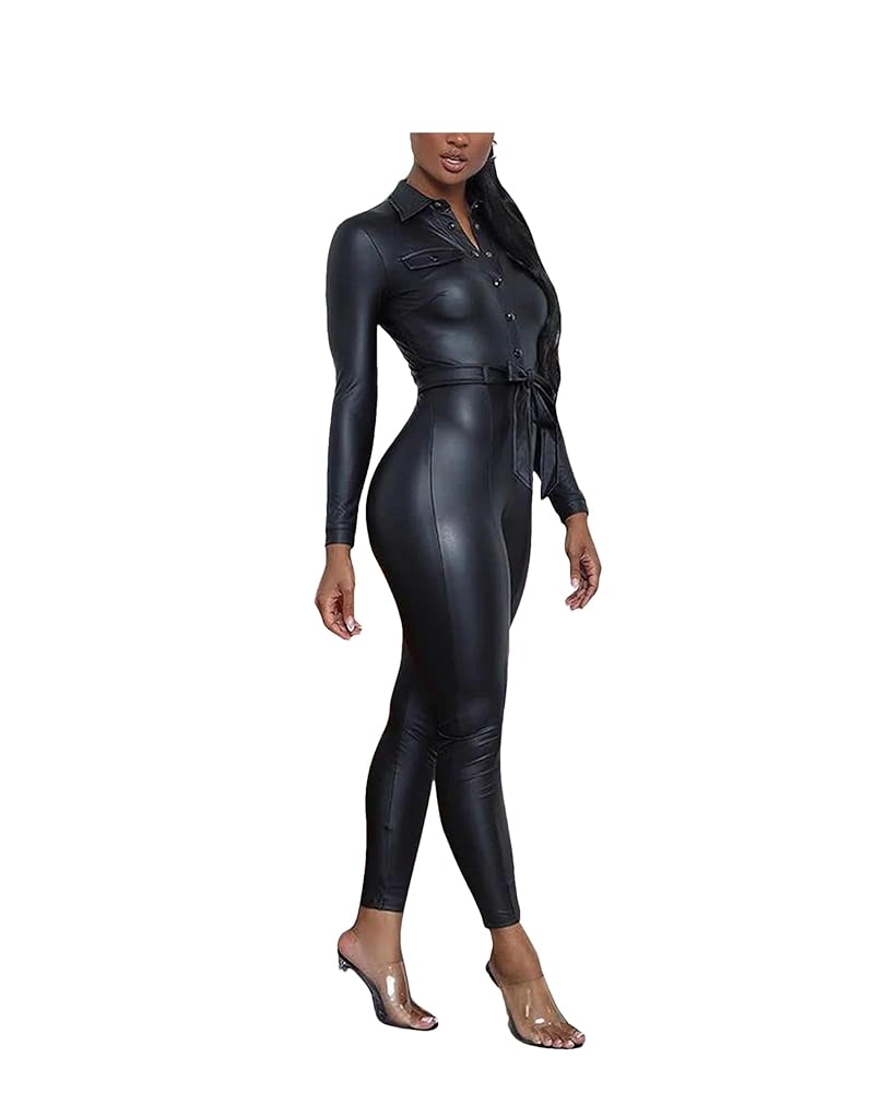 【YOURNUS】Chrissy leather MA-1 padded jumper Bandage and Leather Racer Neck Cargo Pocket Jumpsuit - Black