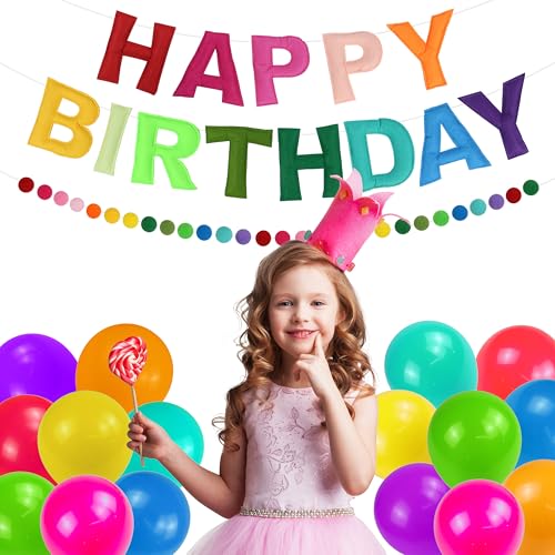 Image of 2 PCS Pre-Strung 3D Felt Happy Birthday Banner - Reusable Rainbow Happy Birthday Decorations Sign, Felt Ball Garland, Pom Pom Garland, Party Decor, Photo Prop (RAINBOW)