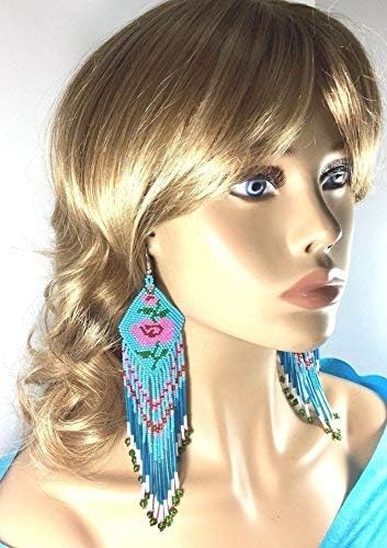 BeadsCorner Glass Beaded Extra Long Earrings Rose Design - Image 2