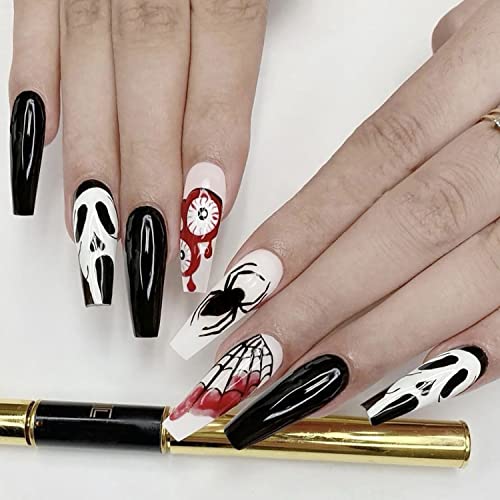 Halloween Fake Nails Long Coffin Scream Ghost Face Press on Nails Evil Eyes Spider Web Full Cover Stick on Nails with 24 Pcs Jelly Glue Acrylic Nails for Women DIY Manicure Decorations