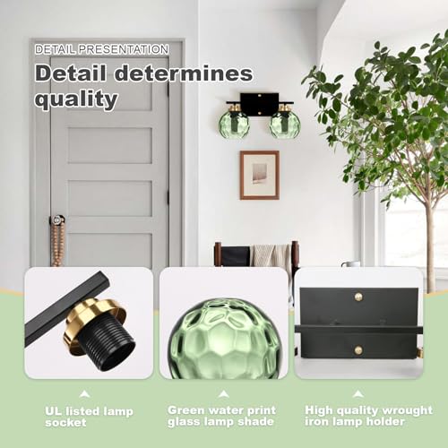 Image of Mid Century Wall Lamp 2-Light Green Glass Bathroom Vanity Light Fixture Shade Vintage Black Wall Sconce Light for Living Room Hallway Bedside (2-Light, Green)