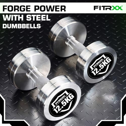Image of Fitrxx Pair of chrome plated steel Fixed Weight Dumbbells - Gym equipment for home workout | Fitness Gym Dumbbell set for Muscles | stainless steel dumbles set | Dumbell Weights for Workout (Silver, 12.5 Kg Pair)