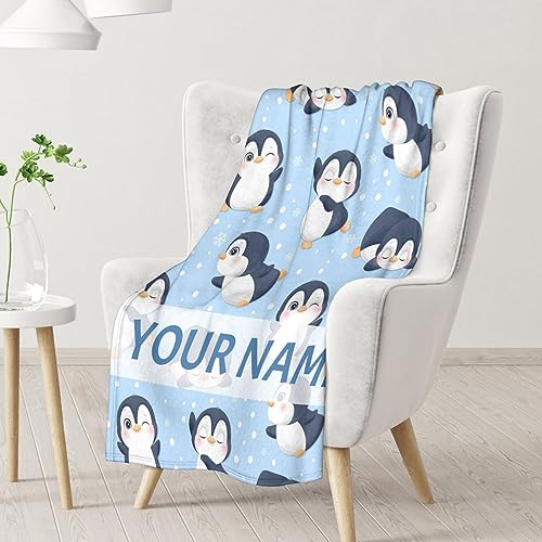 Custom Penguin Blankets with Name - Soft Warm Blanket Throw for Kids, Adults - 50"x60" Flannel Blankets for Bed, Couch, Sofa - Blue Cute Blanket Gifts