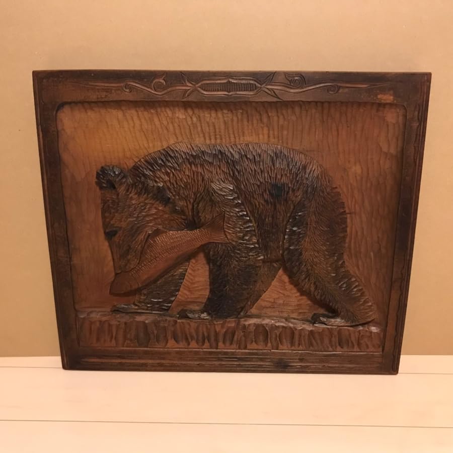 レトロ 木彫レリーフ 壁掛け 鮭 カムイチェップ 北海道 アイヌ彫