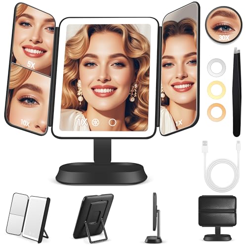Makeup Mirror with Lights and 30X10X5X Magnification Vanity Mirror with 3 Color Lights Rechargeable Detachable Lighted Makeup Mirror with Magnification Trifold Mirror Gifts for Women product thumbnail 9