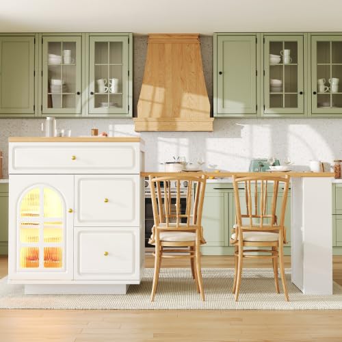 Merax Extendable Kitchen Island with Storage, 122.5–195.5 cm Kitchen Bar Table & Extendable Dining Table, LED Kitchen Cabinet with Curved Glass Door, 4 Drawers, Side Shelves & Breakfast Bar Table
