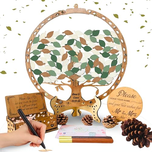 Image of Personalized Maple Tree Wedding Guest Book Alternative, Fall Leaf Drop Box | Rustic autumn reception decor; guests sign wooden leaves dropped inside as a bridal shower keepsake