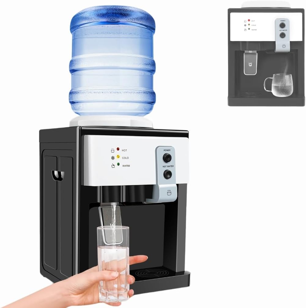 Desktop Water Dispenser Hot and Cold Model European, 110V Plug 1.1-4.9 Gallon Large Capacity, Fast Cooling and Heating Dual Water Outlet for Home and Office Use, White