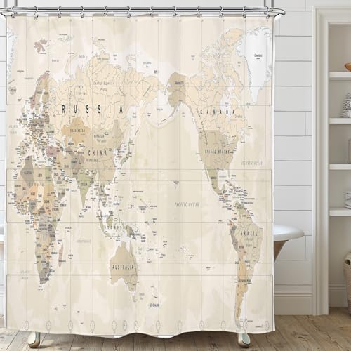 Riyidecor World Map Shower Curtain 72Wx84H Inch Extra Long Beige Geography Map of The World with Major City Countries Educational for Students Bathroom Decor Fabric Polyester Waterproof 12 Pack Hooks