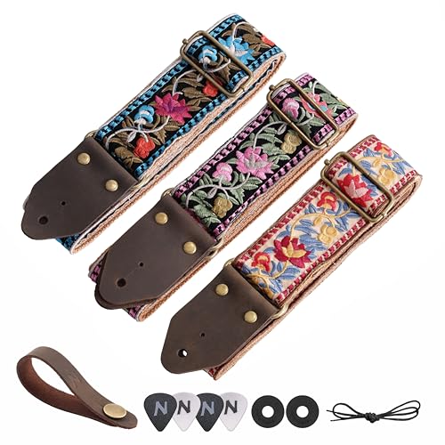 Image of Nefelibata Guitar Strap,Jacquard Embroidery Cotton Guitar Straps with Crazy Horse Leather Ends for Bass, Electric & Acoustic, Best Gifts for Guitarists(Elegant Red Flower Embroidery)