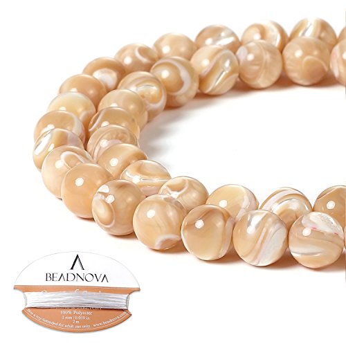 Image of BEADNOVA Natural Mother of Pearl Nacre Conch Shell Beads Natural Crystal Beads Stone Gemstone Round Loose Energy Healing with Crystal Stretch Cord for Jewelry Making (8mm, 45-48pcs)