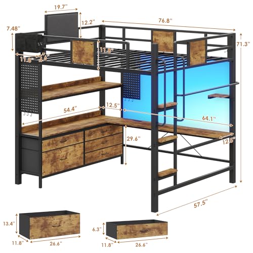 Image of Dnxao Full Loft Bed with Desk and 5 Storage Drawers, 800lb Capacity Heavy Duty Metal Bed Frame for Adults & Teens, LED Lights, Charging Station, Pegboard & Shelves, Rustic Brown