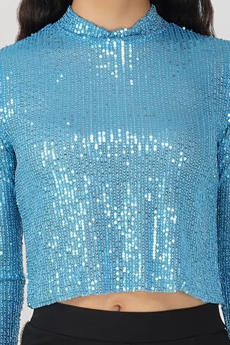 Image of SAFFE Women's Casual Loose Fit Full Sleeve Turtle Neck Sequined Crop Top (Blue)