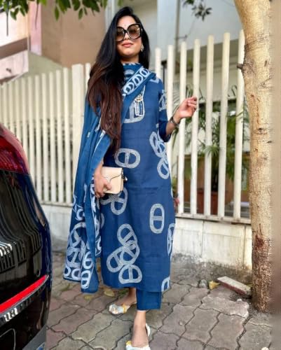 Image of Nermosa Women Printed Stragiht Kurta and Pant set with Dupatta | 3-Piece Set, White Geometric Print, Dupatta Included, Straight Palazzo, Ethnic Wear