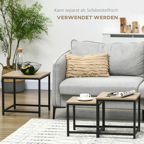 HOMCOM 3er-Set Couchtisch Quadratischer Beistelltisch, Sofatisch mit Stahlrahmen, Kaffeetisch, Satztisch mit Holzoptik, Wohnzimmertisch im Industriedesign, Natur – Bild 8