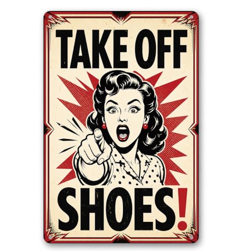 Take Off Shoes Metal Sign with Retro Pop Art Entryway Decor