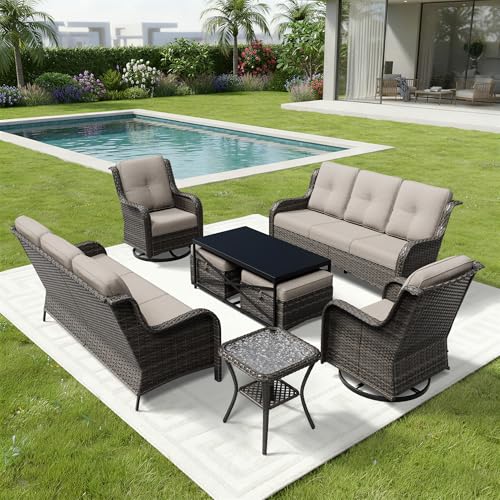 Image of Joyside 8 Piece Wicker Patio Furniture Set, Outdoor Swivel Rocker Patio Chairs with High Back, Deep Seating, Wide Armrest, Thickened Cushions, Outdoor Furniture for Deck, Porch Use