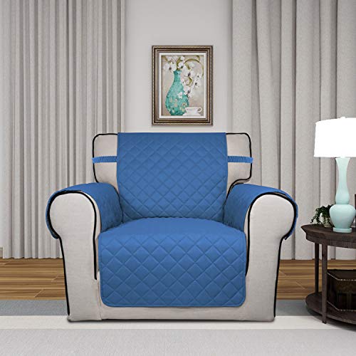Image of PureFit Reversible Quilted Sofa Cover, Water Resistant Slipcover Furniture Protector, Washable Couch Cover with Non Slip Foam and Elastic Straps for Kids, Dogs, Pets (Chair, Blue /Ivory)