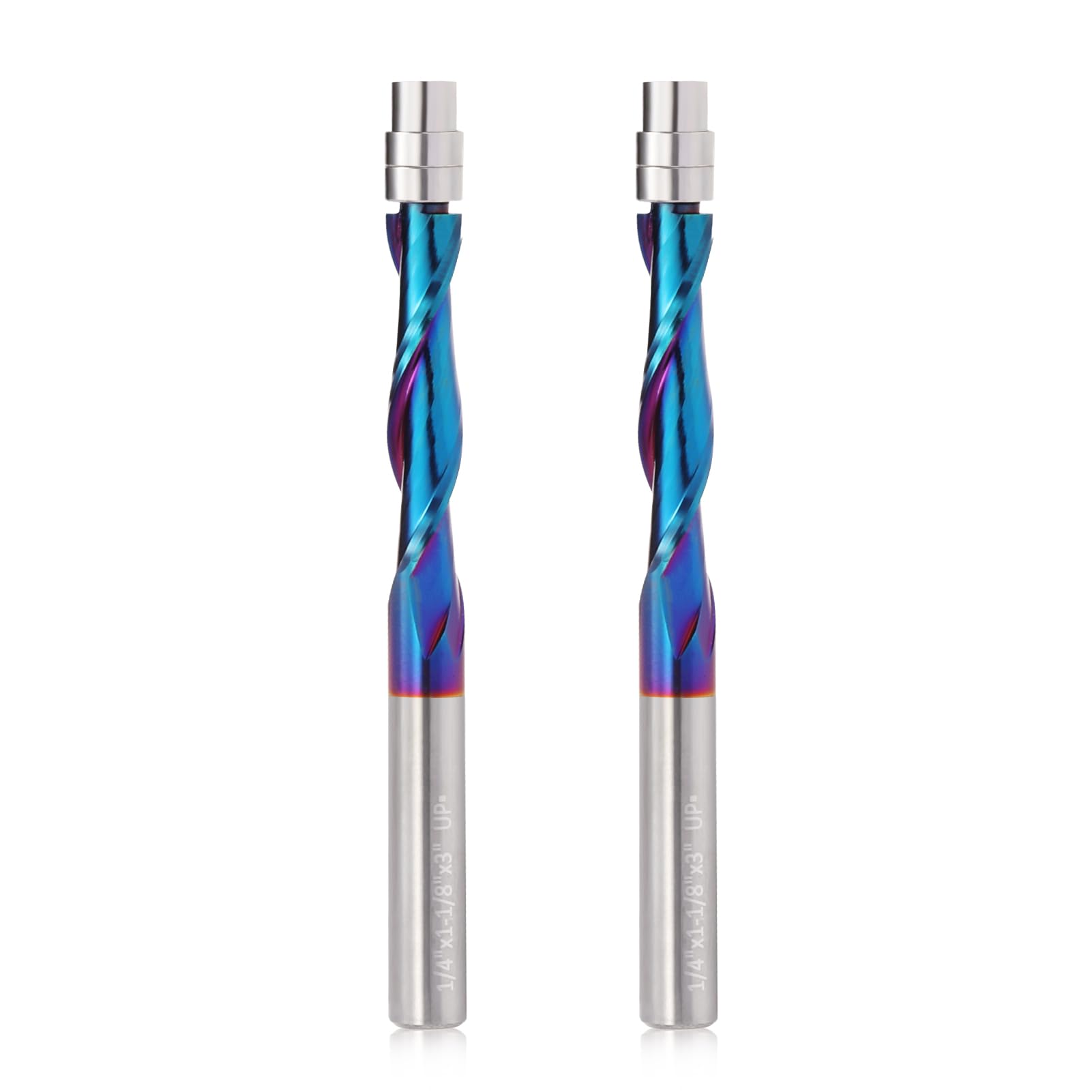 2PCS UP Cut Spiral Flush Trim Router Bit,1/4 Inch Shank 1-1/8 Inch Cutting Length Extra Long 3 Inch OVL,Carbide CNC Router Bit with Nano Coated for Triming (2)