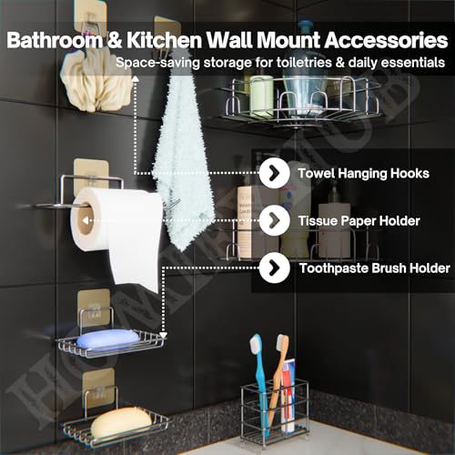 Image of 8 Pcs Bathroom Organiser Without Drill | Self Adhesive Wall Shelf Organizer & Soap Stand for Kitchen Bathroom | Toothbrush & Shampoo Holder R Corner Shelf (Silver)
