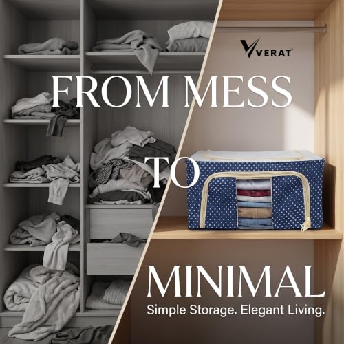 Image of VERAT 4 Pcs 24 Liters Foldable Steel Frame Cloth Organizer with Handle for Storage /Wardrobe Organizer with Zipper /Front & Top Open Almirah Organiser for Sarees /Shirts /Blankets /Clothes Bag-(Blue)