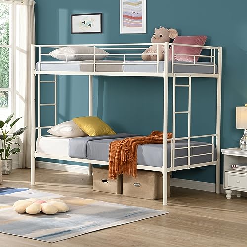 Twin Over Twin Metal Bunk Bed Kids Bed Frame Metal Structure Bed Frame with Safety Guardrails and 2 Ladders Convertible Bunk Beds No Spring Box Required Space Saving Design White