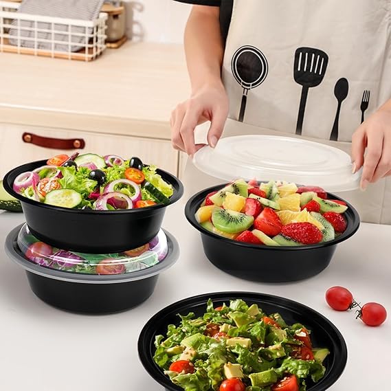 Image of [500 ml (16oz) 15 Count, Round, Black Reusable Plastic Food Storage Containers with Lid | Airtight, Microwave Safe Containers | Perfect for Meal Prep, Storage, Takeaway & Food Delivery