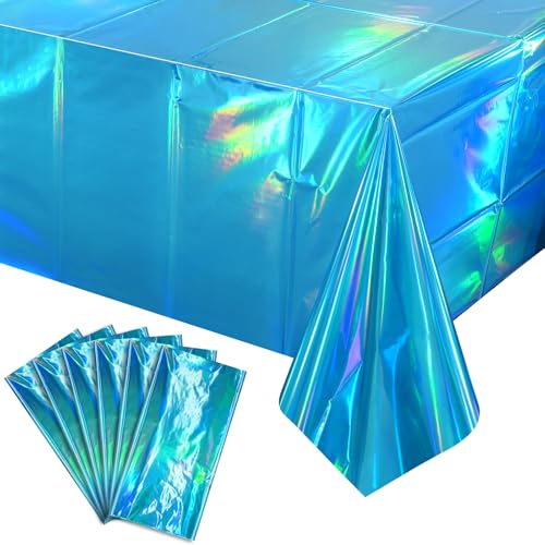 Image of 6 Pack Blue Plastic Tablecloth, Disposable Rectangle Table Covers, Holographic Metallic Foil Tablecloth Light Blue Party Supplies Decorations for Birthday Graduation Ocean Under the Sea, 54x108Inch