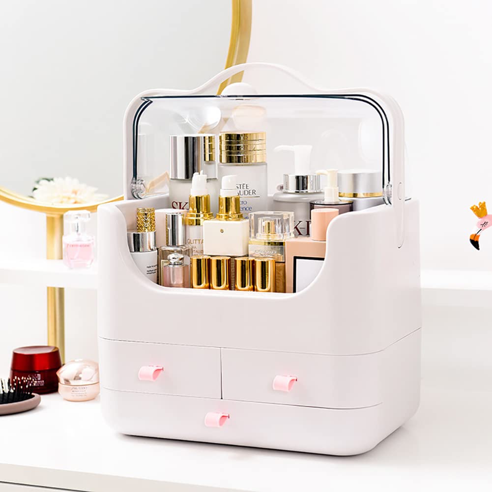 Qivange Makeup Organizer Box- Cosmetic Storage Portable Cosmetic Storage Holder - Waterproof Lid Dustproof Drawers Great for Bathroom, Dresser White