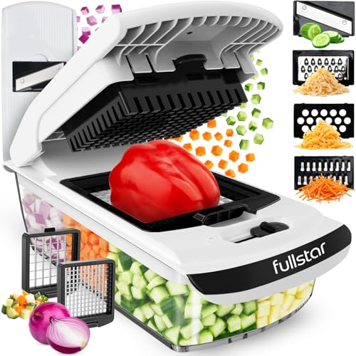 Fullstar Gemüseschneider und Mandoline Gemüsehobel - Julienne- und Würfelschneider für Gurken Zwiebeln Kartoffeln Früchte - Reibe für Gemüse Käse - Küchenzubehör Küchengeräte (6-in-1 PRO Weiß) 1