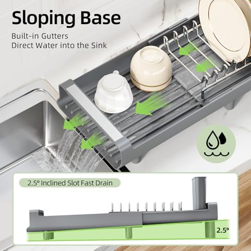 Image of Toolf Expandable Dish Rack, Compact Dish Drainer, Stainless Steel Dish Drying Rack with Removable Cutlery Holder, Anti Rust Plate Rack, Small Sink Drainer for Sink or Kitchen Countertop