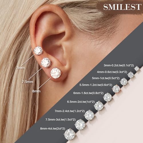 SMILEST 0.2-4ct Moissanite Screw Back Earrings, D Color VVS1 Clarity Lab Created Moissanite 14K White Yellow Rose Gold Ruthenium Vermeil 925 Sterling Silver Round Moissanite Earrings for Women Men2