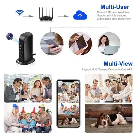 Diagram showing multiple devices (phones, tablets, laptops) connected to the camera via WiFi and cloud, enabling multi-user and multi-view access. Also shows various scenarios like family monitoring and pet monitoring.