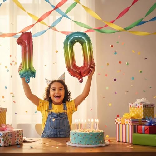 Image of Number 10 Balloon Foil Mylar Balloons for Birthday Party Decoration (Rainbow, 16 Inch)