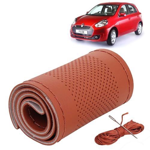 Image of KINGSWAY PU Leatherite Car Steering Cover Sewable Compatible with Renault Pulse (Year 2012-2018), Tan Color with Tan Thread, Pack of 1 with Sewing Needle and Thread