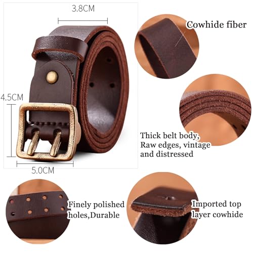 Men's Genuine Leather Casual Belt with Vintage Double Pin Buckle, Country Casual Belt for Jeans Pants, 38Mm Classic Work Dress Belt for Men,A Brown,115CM/45.3''3