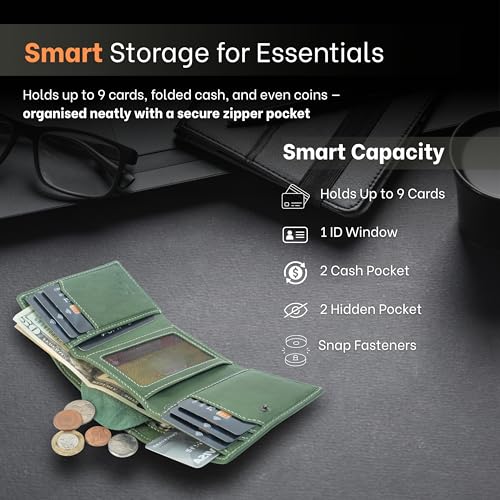 RFID Blocking Trifold Wallet for Men – Premium Full Grain Leather Wallet with ID Window, 9 Card Slots, 2 Hidden Pockets, 2 Bill Compartments – Gift Set with AirTag Holder Keychain4