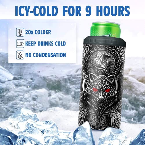 Image of SANDJEST Wolf Tumbler Raven Viking 4 in 1 12oz Tumbler Can Cooler Coozie Skinny Stainless Steel Tumbler Gift for Men Dad Son Father Husband Christmas Birthday