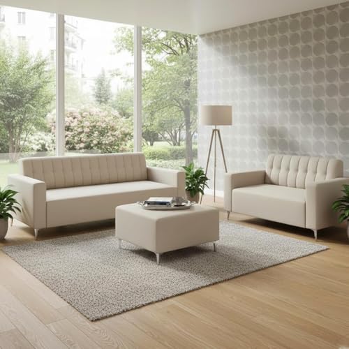 Image of SOCOZI Antonia 3+2 Seater Fabric Sofa Set with Ottoman | Soft Velvet Suede Fabric Sofa | Modern Living Room Furniture (Cream)