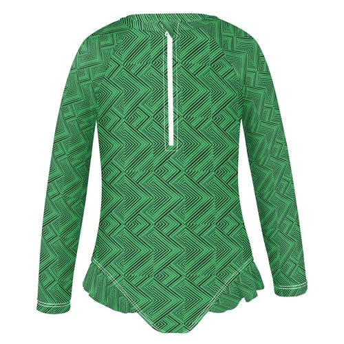 Green and Black Squares Girls Long Sleeve Rashguard Swimsuit UV Protection One-Piece Swimwear Bathing Suit B04050422