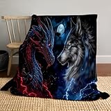CDXNORA Vielseitig Kuscheldecke 130x150 cm, Flauschig Drache Wolf Blitz Decke Kuscheldecke, Weich Fantasy Tiere Tagesdecken Dunkelblau Flanelldecke, für Kinder Erwachsene Couch Bett Sofadecken