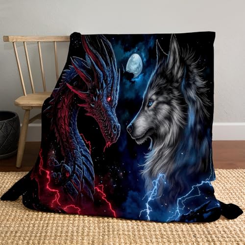 CDXNORA Vielseitig Kuscheldecke 130x150 cm, Flauschig Drache Wolf Blitz Decke Kuscheldecke, Weich Fantasy Tiere Tagesdecken Dunkelblau Flanelldecke, für Kinder Erwachsene Couch Bett Sofadecken