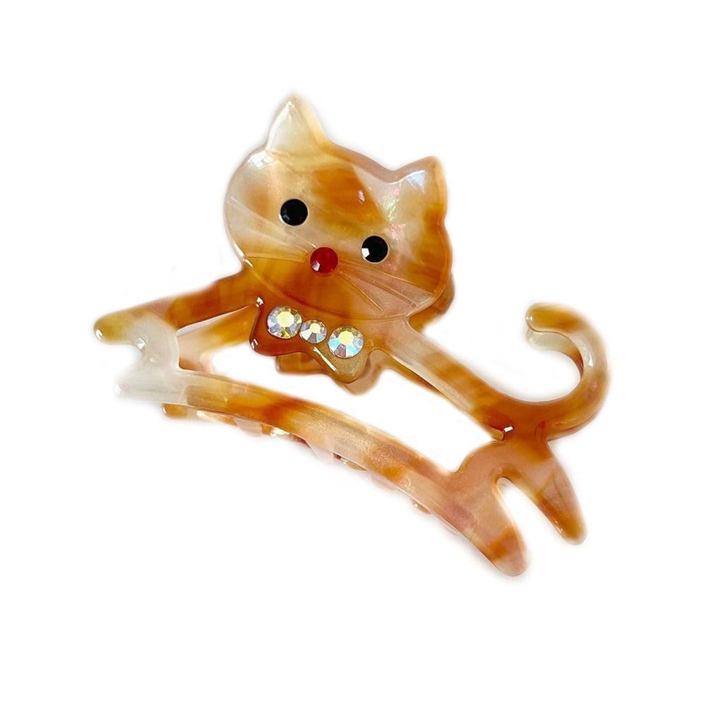 1Pc Brown Cat Hair Claw Clips, French Style Barrettes hair Clip Accessories, Acetate Animal Cat Hair Claw, Rhinestone Acetate Medium Size Hair for Women Beauty and Personal Care