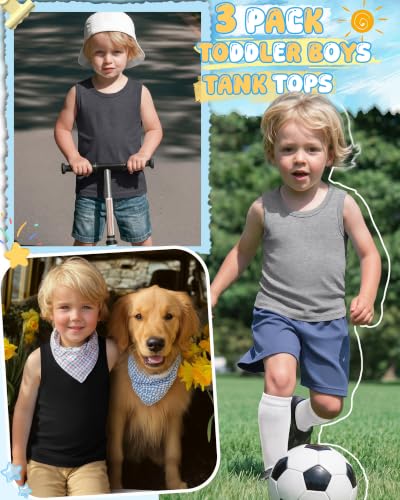 Image of Yooo's Vivi 3 Pack Toddler Boys Tank Tops | Toddler Boys Undershirts, 18M-5T, Sleeveless Muscle Shirt, Kids Athletic Tops, Crewneck, Summer, Loose, Basic, Sport, Play
