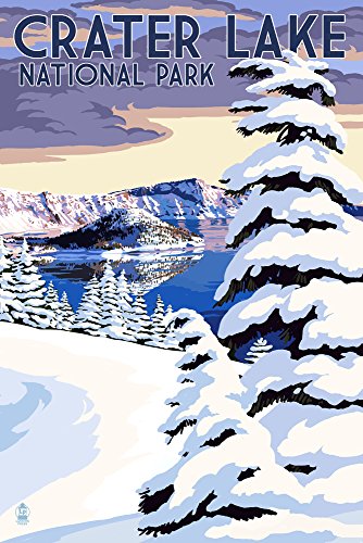 Crater Lake National Park, Oregon, Winter Scene, Painterly Series (9x12 Wall Art Print, Home Decor)