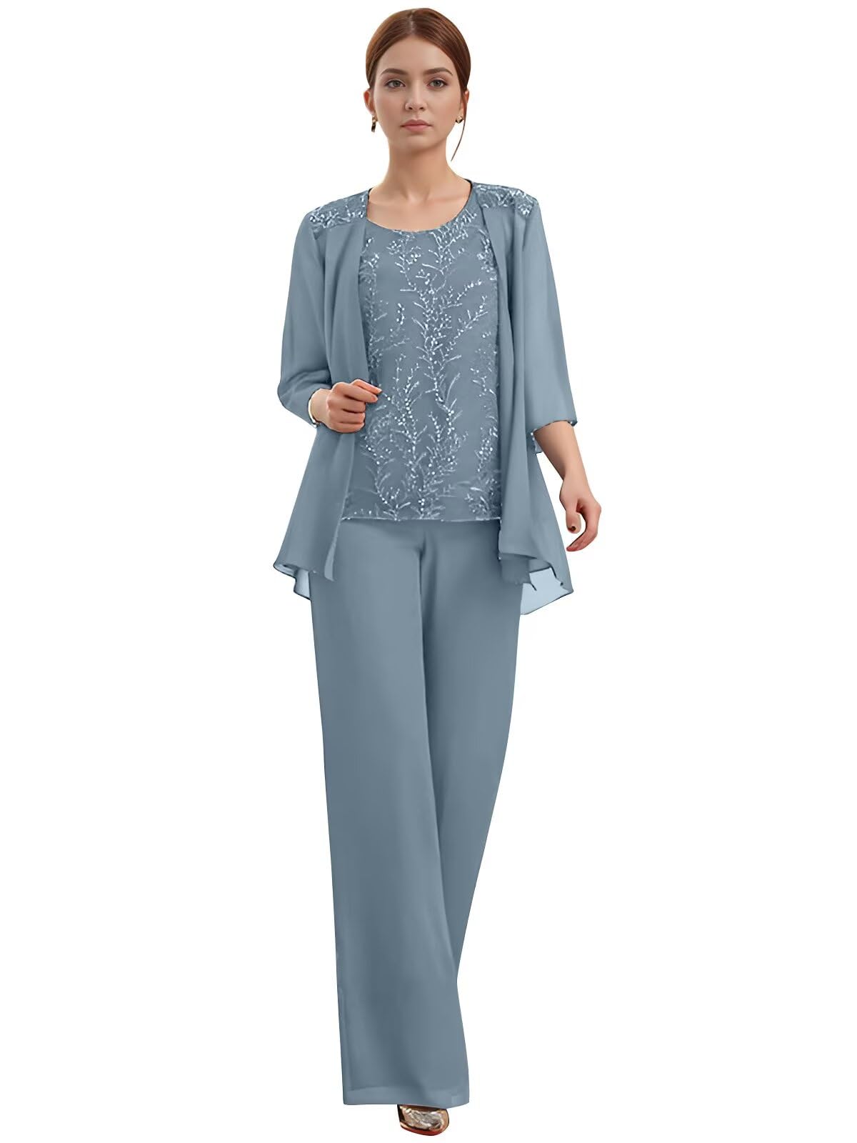Chiffon Appliques Mother of The Bride Pant Suits Womens 3 Pieces O-Neck Formal Pantsuits